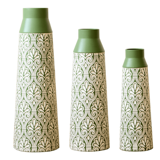 Conjunto de vasos de chão metálicos 61,55143,5 cm - Decoração retro com ornamentos, não impermeável, para flores secas e ervas da pampa - Verde