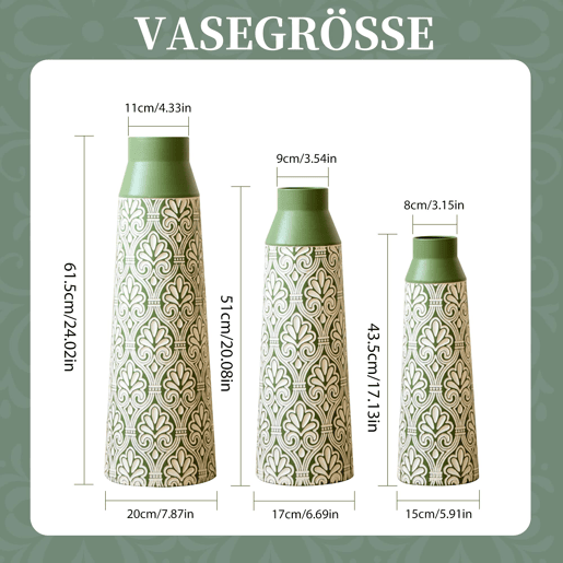 Conjunto de vasos de chão metálicos 61,55143,5 cm - Decoração retro com ornamentos, não impermeável, para flores secas e ervas da pampa - Verde