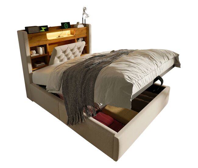 Cama individual de lino 90x200 cm con almacenaje y luz led,beige