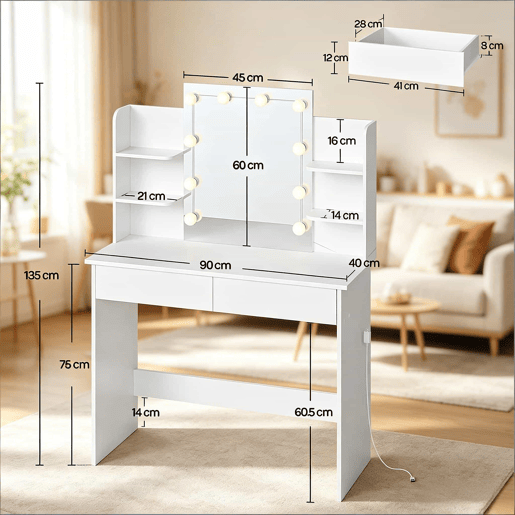 Penteadeira 90 x 40 cm - com espelho LED, design resistente - Branco Penteadeira 90 x 40 cm - com espelho LED, design resistente - Branco