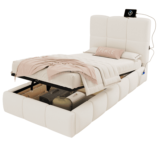 Cama de solteiro de tecido 90x200 cm com armazenamento,bege