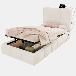 Cama de solteiro de tecido 90x200 cm com armazenamento,bege