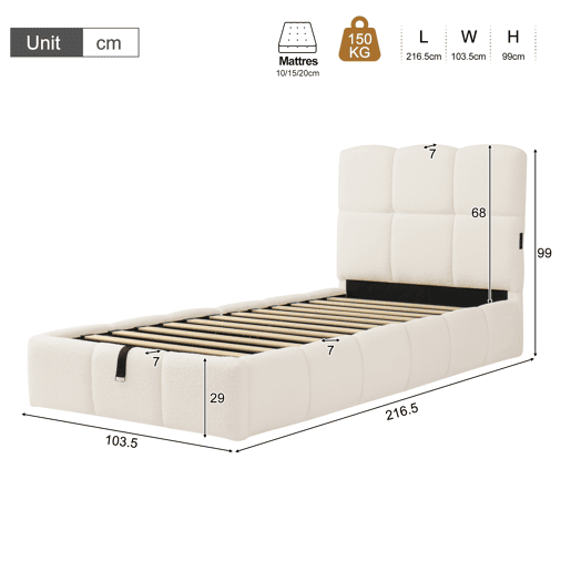 Cama de solteiro de tecido 90x200 cm com armazenamento,bege