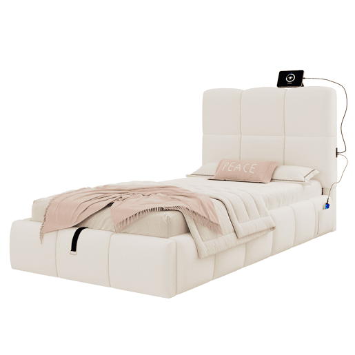 Cama de solteiro de tecido 90x200 cm com armazenamento,bege