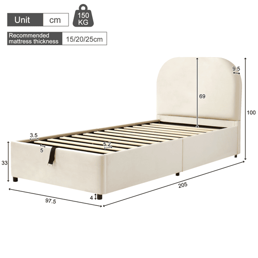 Cama de solteiro de veludo 90x190 cm com armazenamento,bege Cama de solteiro de veludo 90x190 cm com armazenamento,bege
