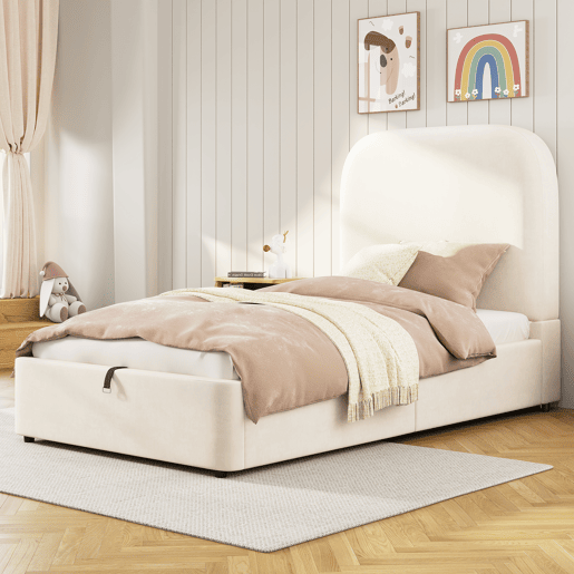 Cama de solteiro de veludo 90x190 cm com armazenamento,bege Cama de solteiro de veludo 90x190 cm com armazenamento,bege
