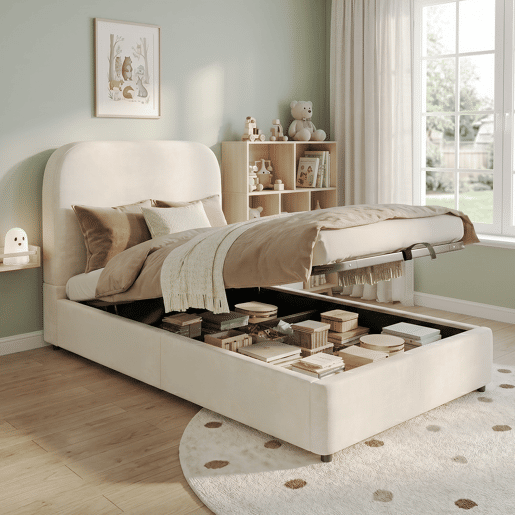 Cama de solteiro de veludo 90x190 cm com armazenamento,bege Cama de solteiro de veludo 90x190 cm com armazenamento,bege