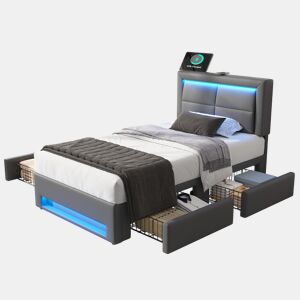 Cama de solteiro de pu 90x190 cm com luz led,cinza