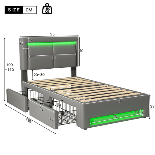 Cama de solteiro de pu 90x190 cm com luz led,cinza Cama de solteiro de pu 90x190 cm com luz led,cinza