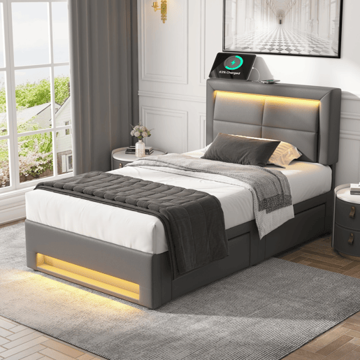 Cama de solteiro de pu 90x190 cm com luz led,cinza Cama de solteiro de pu 90x190 cm com luz led,cinza