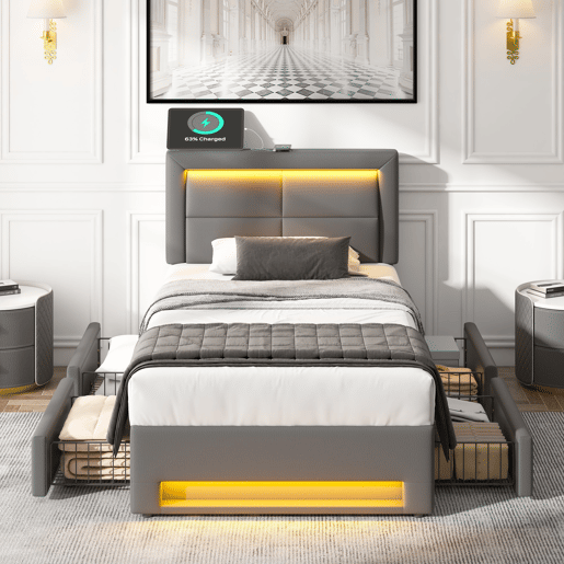 Cama de solteiro de pu 90x190 cm com luz led,cinza Cama de solteiro de pu 90x190 cm com luz led,cinza