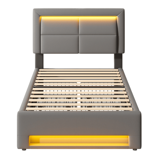 Cama de solteiro de pu 90x190 cm com luz led,cinza Cama de solteiro de pu 90x190 cm com luz led,cinza