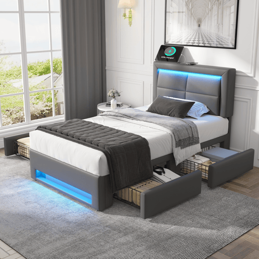 Cama de solteiro de pu 90x200 cm com luz led,cinza