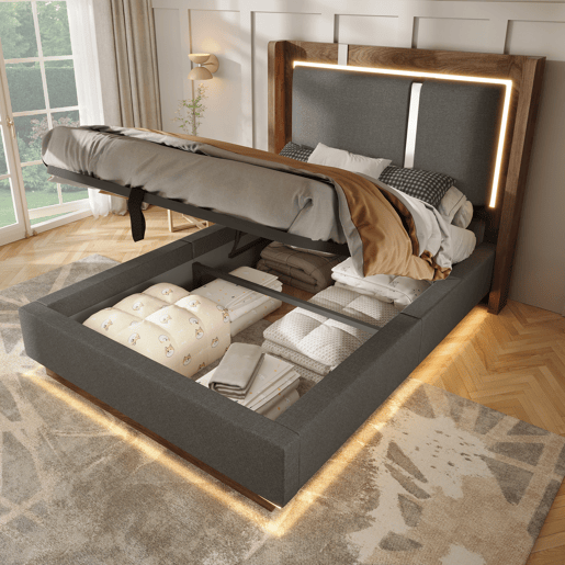 Cama de solteiro de linho 90x200 cm com armazenamento e luz led,cinza Cama de solteiro de linho 90x200 cm com armazenamento e luz led,cinza