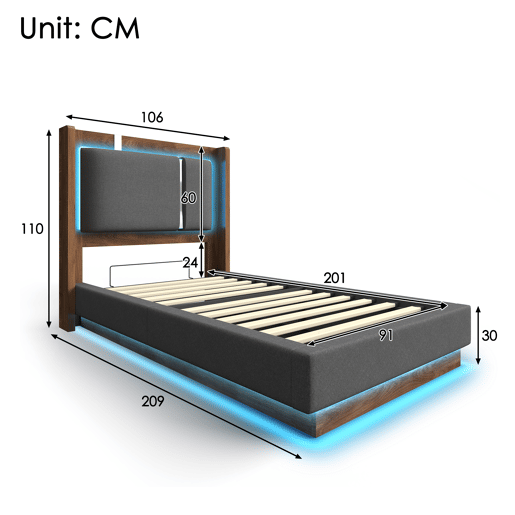 Cama de solteiro de linho 90x200 cm com armazenamento e luz led,cinza Cama de solteiro de linho 90x200 cm com armazenamento e luz led,cinza