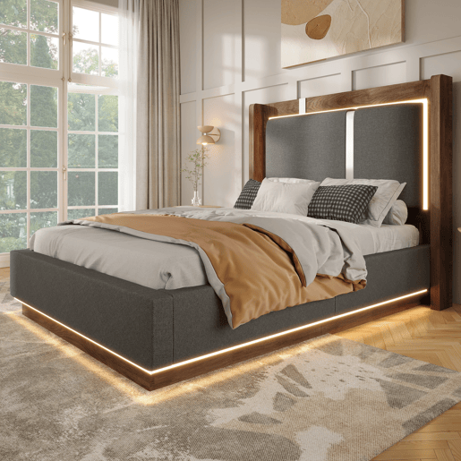 Cama de solteiro de linho 90x200 cm com armazenamento e luz led,cinza Cama de solteiro de linho 90x200 cm com armazenamento e luz led,cinza