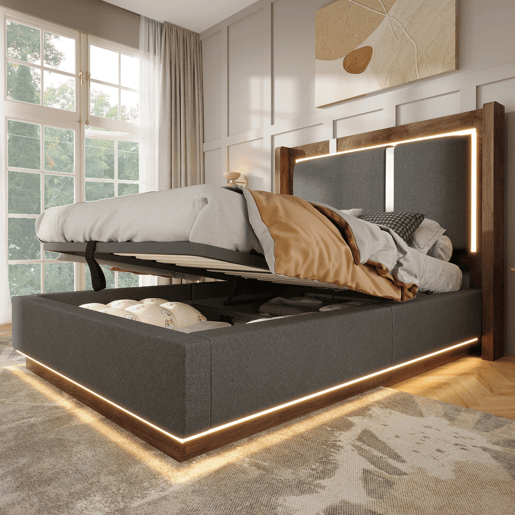 Cama de solteiro de linho 90x200 cm com armazenamento e luz led,cinza Cama de solteiro de linho 90x200 cm com armazenamento e luz led,cinza
