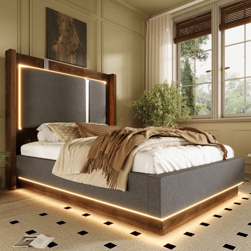 Cama de solteiro de linho 90x200 cm com armazenamento e luz led,cinza Cama de solteiro de linho 90x200 cm com armazenamento e luz led,cinza