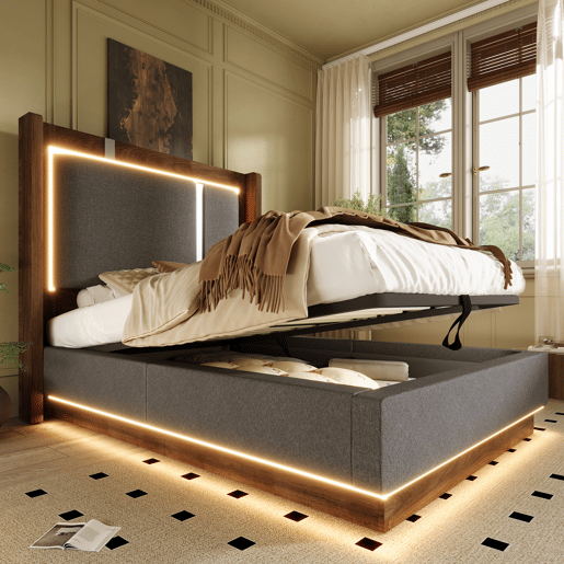 Cama de solteiro de linho 90x200 cm com armazenamento e luz led,cinza Cama de solteiro de linho 90x200 cm com armazenamento e luz led,cinza