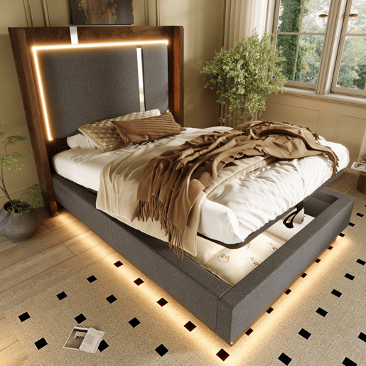 Cama de solteiro de linho 90x200 cm com armazenamento e luz led,cinza Cama de solteiro de linho 90x200 cm com armazenamento e luz led,cinza