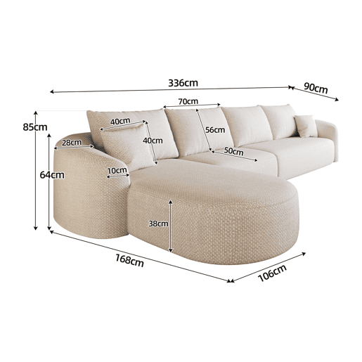 Sofá de canto modular em L, 336 cm - 4 lugares, sem montagem, espuma de alta densidade, assento profundo - Branco