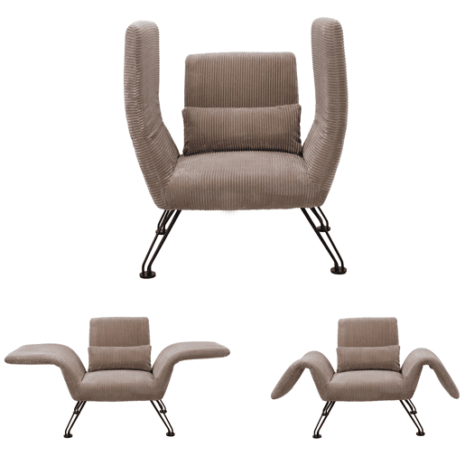 Poltrona moderna para sala de estar, cinza, tecido às riscas, pés em metal, confortável poltrona de descanso com almofada, adequada para sala de estar, quarto e varanda, castanho-claro.