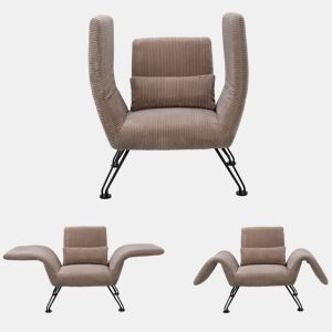Poltrona moderna para sala de estar, cinza, tecido às riscas, pés em metal, confortável poltrona de descanso com almofada, adequada para sala de estar, quarto e varanda, castanho-claro.