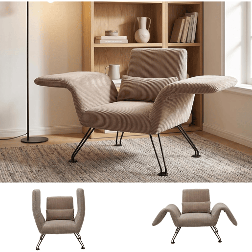 Poltrona moderna para sala de estar, cinza, tecido às riscas, pés em metal, confortável poltrona de descanso com almofada, adequada para sala de estar, quarto e varanda, castanho-claro.