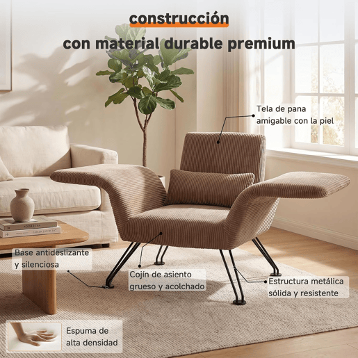 Poltrona moderna para sala de estar, cinza, tecido às riscas, pés em metal, confortável poltrona de descanso com almofada, adequada para sala de estar, quarto e varanda, castanho-claro.