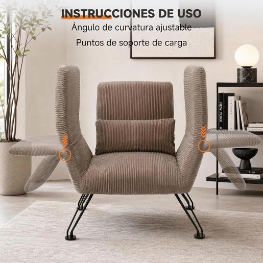 Poltrona moderna para sala de estar, cinza, tecido às riscas, pés em metal, confortável poltrona de descanso com almofada, adequada para sala de estar, quarto e varanda, castanho-claro.