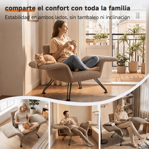 Poltrona moderna para sala de estar, cinza, tecido às riscas, pés em metal, confortável poltrona de descanso com almofada, adequada para sala de estar, quarto e varanda, castanho-claro.