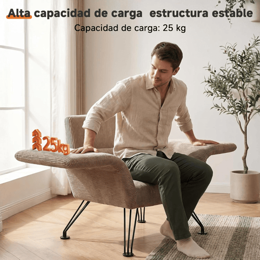 Poltrona moderna para sala de estar, cinza, tecido às riscas, pés em metal, confortável poltrona de descanso com almofada, adequada para sala de estar, quarto e varanda, castanho-claro.