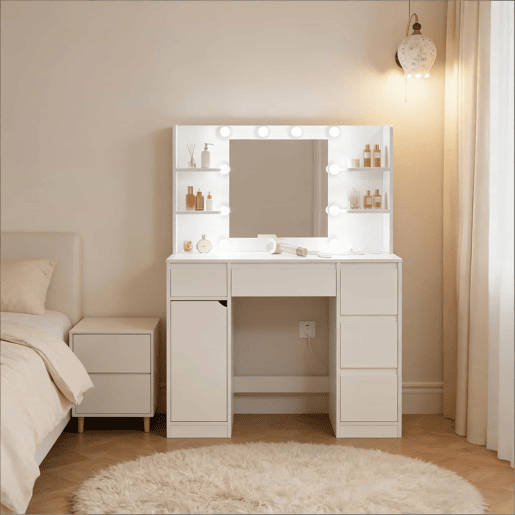 Penteadeira 110 x 40 cm - Secretária de maquilhagem moderna com amplo espaço de arrumação - Branco Penteadeira 110 x 40 cm - Secretária de maquilhagem moderna com amplo espaço de arrumação - Branco
