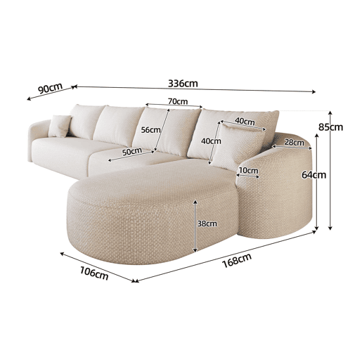 Sofá modular de canto em L, 336 cm - 4 lugares, sem montagem, embalado compactamente, estofado em tecido - Branco Sofá modular de canto em L, 336 cm - 4 lugares, sem montagem, embalado compactamente, estofado em tecido - Branco