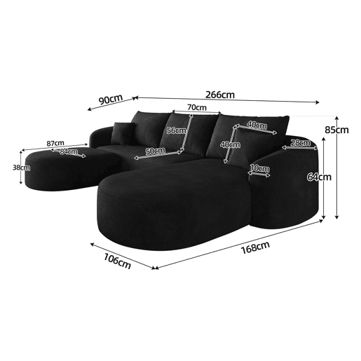 Sofá de canto modular em U, 266 cm - 3 lugares, espuma de compressão, sem montagem - Preto