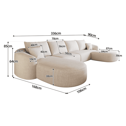 Sofá modular de canto em U, 336 cm - 4 lugares, espuma de alta densidade, sem montagem, design modular - Branco