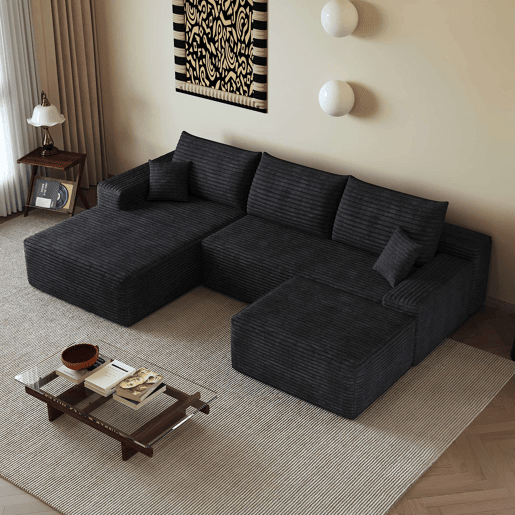Sofá modular de canto de 270 cm - Chaise longue em L, assento profundo, sem montagem, 3 lugares - Preto Sofá modular de canto de 270 cm - Chaise longue em L, assento profundo, sem montagem, 3 lugares - Preto