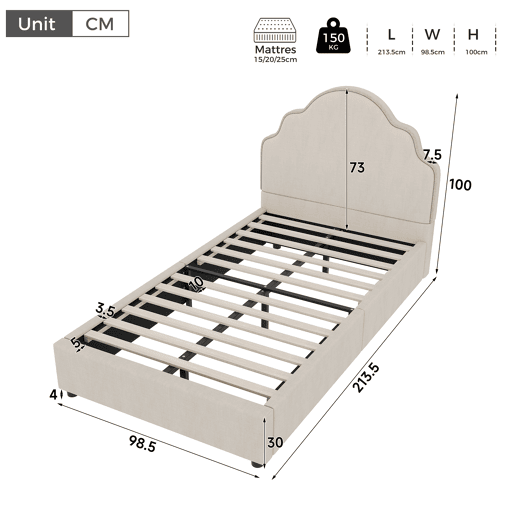 Cama de solteiro de linho 90x200 cm,bege