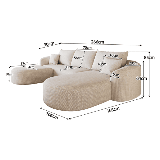 Sofá modular de canto em U, 266 cm - espuma comprimida, sem montagem, sofá sem estrutura - Branco