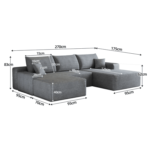 Sofá modular de canto de 270 cm - chaise longue em L, assento profundo, modular sem montagem - Cinzento