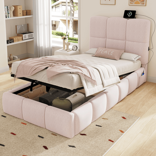 Cama de solteiro de veludo 90x200 cm com armazenamento,rosa Cama de solteiro de veludo 90x200 cm com armazenamento,rosa
