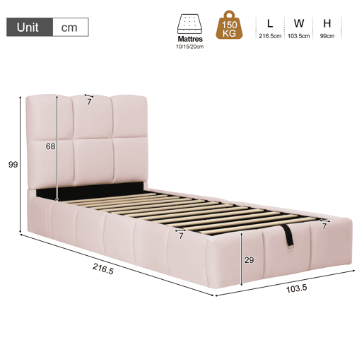 Cama de solteiro de veludo 90x200 cm com armazenamento,rosa Cama de solteiro de veludo 90x200 cm com armazenamento,rosa