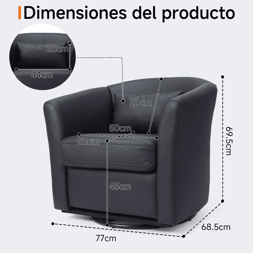 Poltrona giratória a 360° em pele sintética de alta qualidade, poltrona redonda estofada com espaço de arrumação,poltrona de descanso moderna com aspeto de veludo para o quarto.