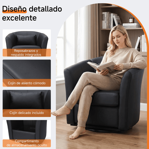 Poltrona giratória a 360° em pele sintética de alta qualidade, poltrona redonda estofada com espaço de arrumação,poltrona de descanso moderna com aspeto de veludo para o quarto.