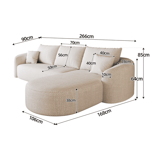 Sofá modular de canto de 266 cm - espuma de alta densidade, sem montagem, assento profundo - Branco