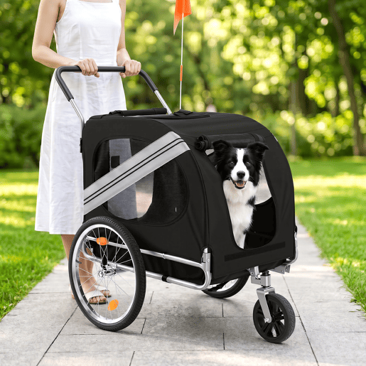 Atrelado de Bicicleta para Cães 2 em 1 Dobrável com Função de Carrinho, Estrutura de Aço Reforçada e Malha Respirável