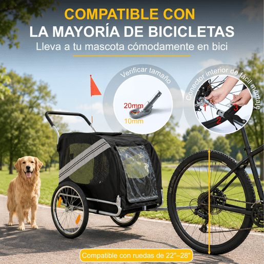 Atrelado de Bicicleta para Cães 2 em 1 Dobrável com Função de Carrinho, Estrutura de Aço Reforçada e Malha Respirável