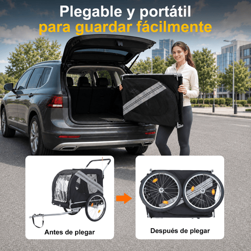 Atrelado de Bicicleta para Cães 2 em 1 Dobrável com Função de Carrinho, Estrutura de Aço Reforçada e Malha Respirável