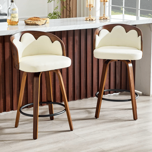 Bancos de bar, 2 unidades - Encosto com padrão floral, estrutura em madeira curvada, couro PU, apoio para os pés em metal, estilo moderno - Branco