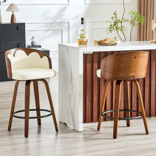 Bancos de bar, 2 unidades - Encosto com padrão floral, estrutura em madeira curvada, couro PU, apoio para os pés em metal, estilo moderno - Branco